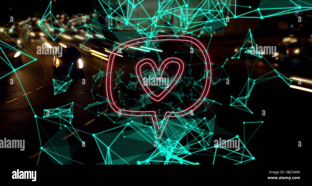 Rete turchese che sovrasta auto sfocate su strade urbane notturne con l'icona a forma di cuore rosa neon Foto Stock