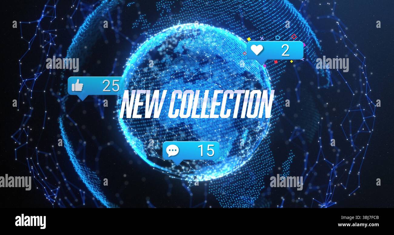 Mostra il globo mobile sullo sfondo della rete, mostra la NUOVA COLLEZIONE e le icone di feedback contano 25 o 15 Foto Stock