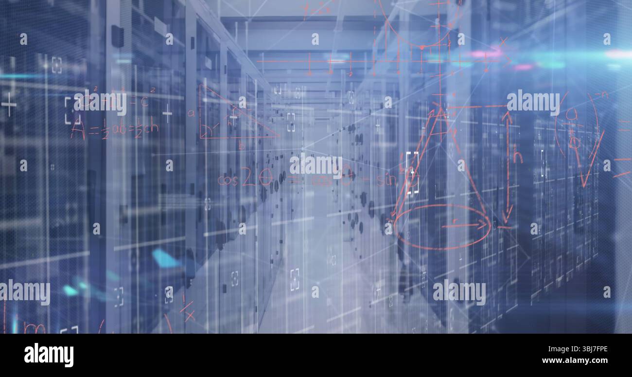 Con corridoio della sala server tra i rack server, con LED blu e grafica mobile Foto Stock
