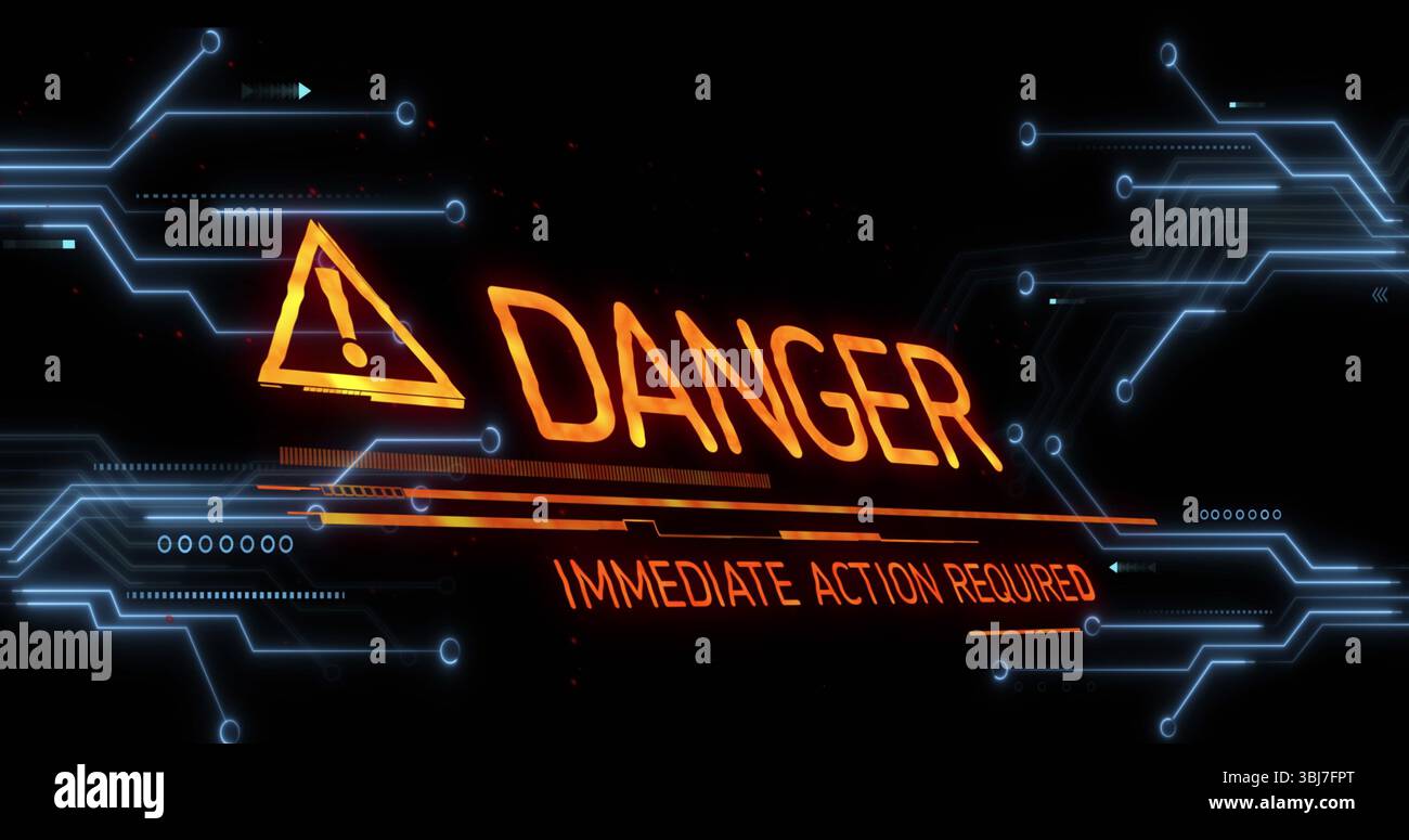 Visualizzazione di un'avvertenza arancione sullo schermo, PERICOLO DI luce AZIONE IMMEDIATA NECESSARIA circuiteria blu neon Foto Stock