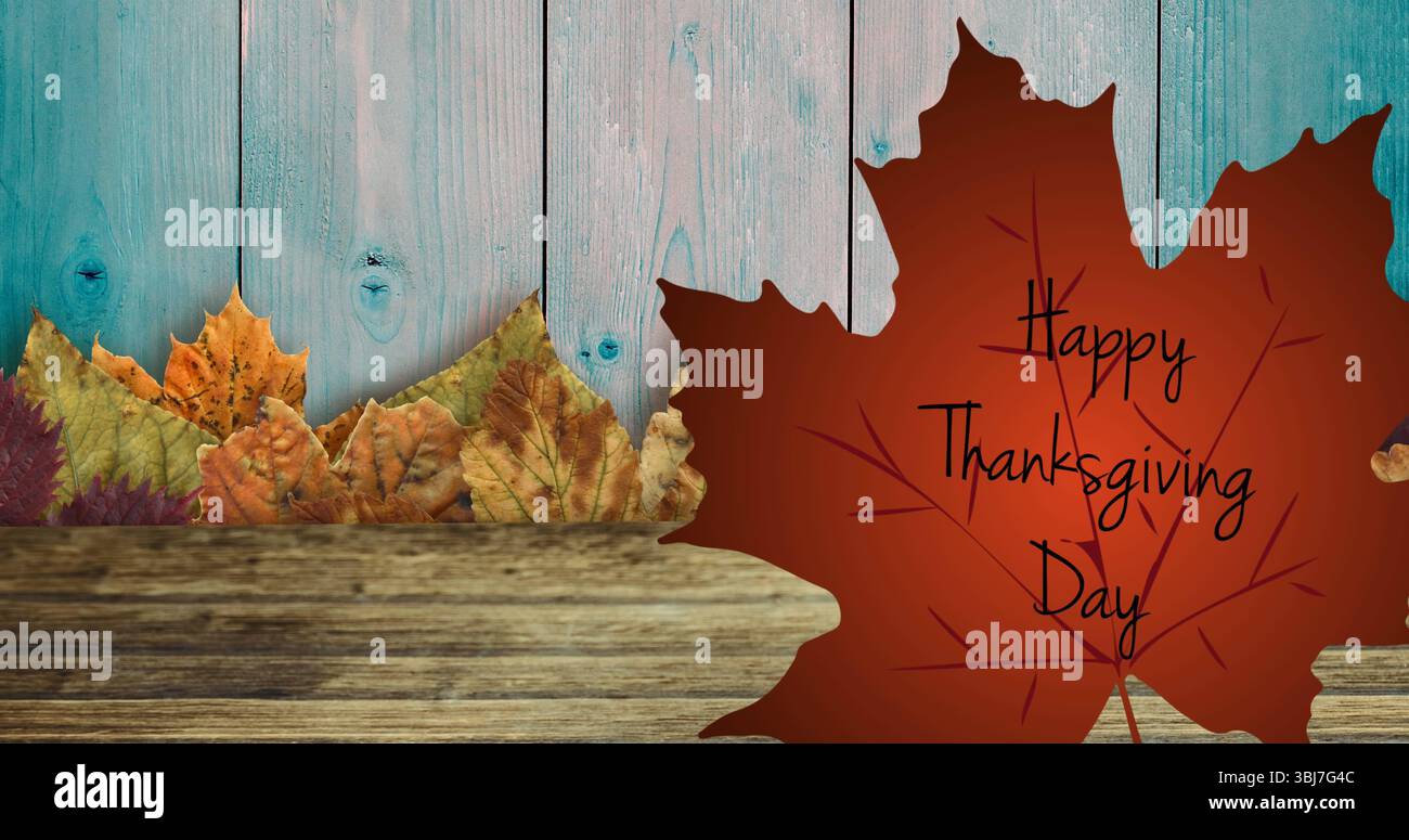 Mostra la foglia d'acero rossa che porta il giorno del Ringraziamento in tavola con pannelli turchesi, foglie essiccate Foto Stock