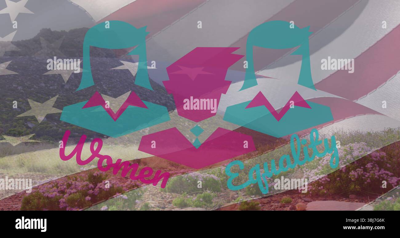 Formare solidarietà tre icone femminili in piedi sul prato di montagna, testo corsivo Women Equality Foto Stock