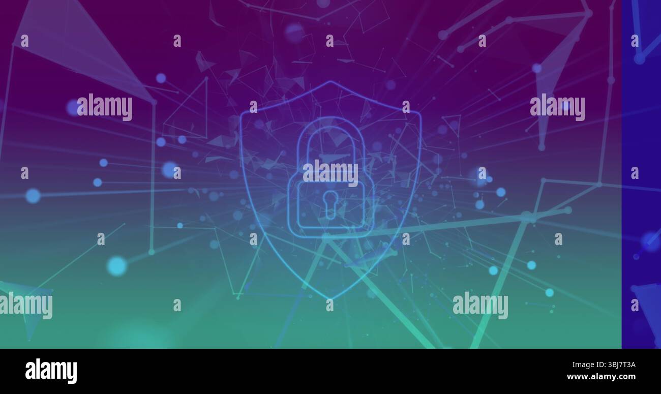 Visualizzazione del contorno dello scudo con l'icona del lucchetto nell'immagine di sicurezza, con nodi linee e frammenti Foto Stock