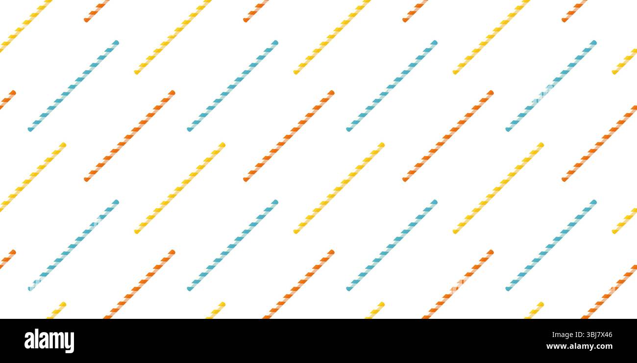 Motivo colorato senza cuciture con cannucce a righe in arancione, giallo e blu. Sfondo vettoriale stile cartoni animati. Illustrazione Vettoriale