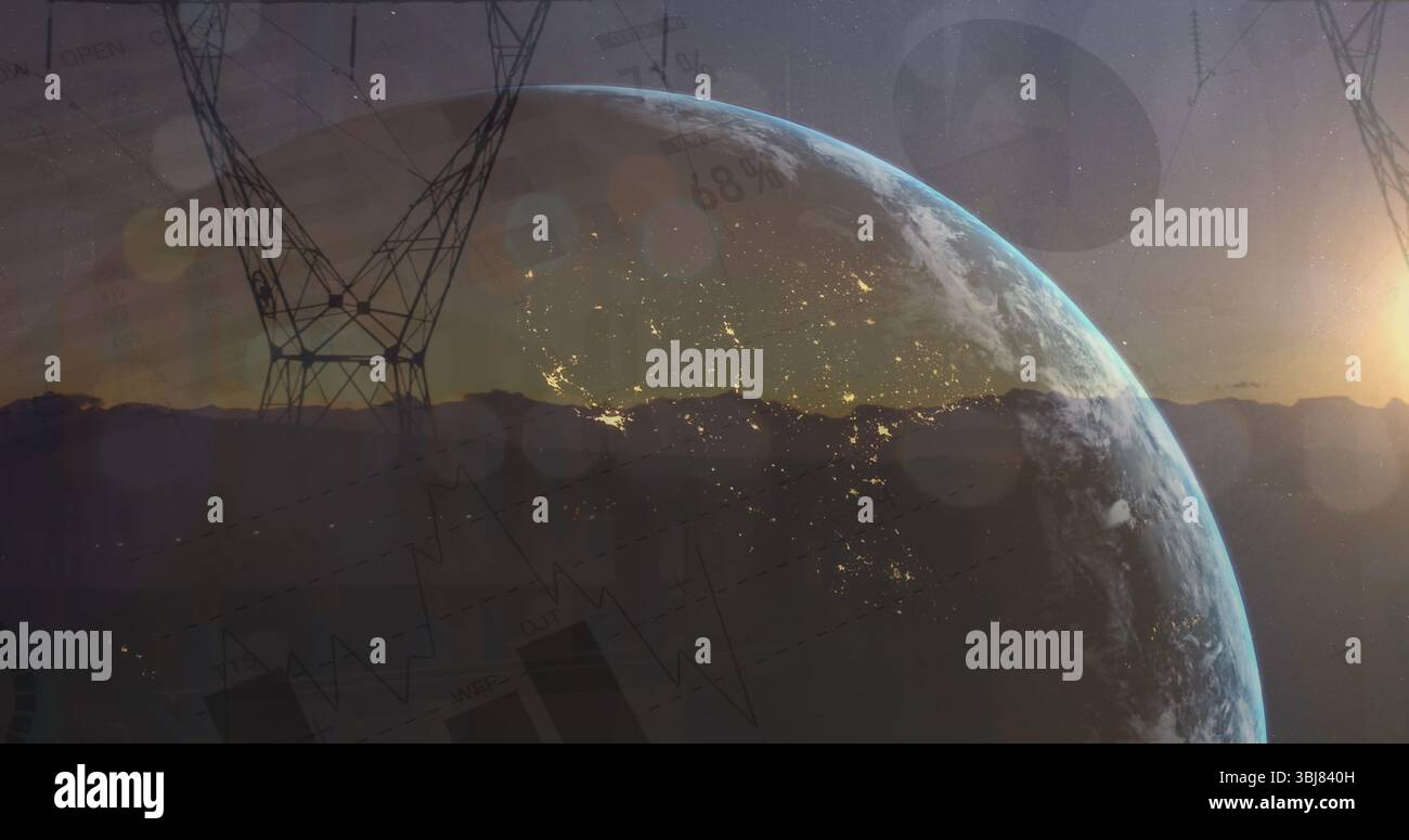Mostra il globo terrestre che si innalza sopra l'orizzonte nello spazio con torri di potenza, grafici a linee e icona cripto Foto Stock