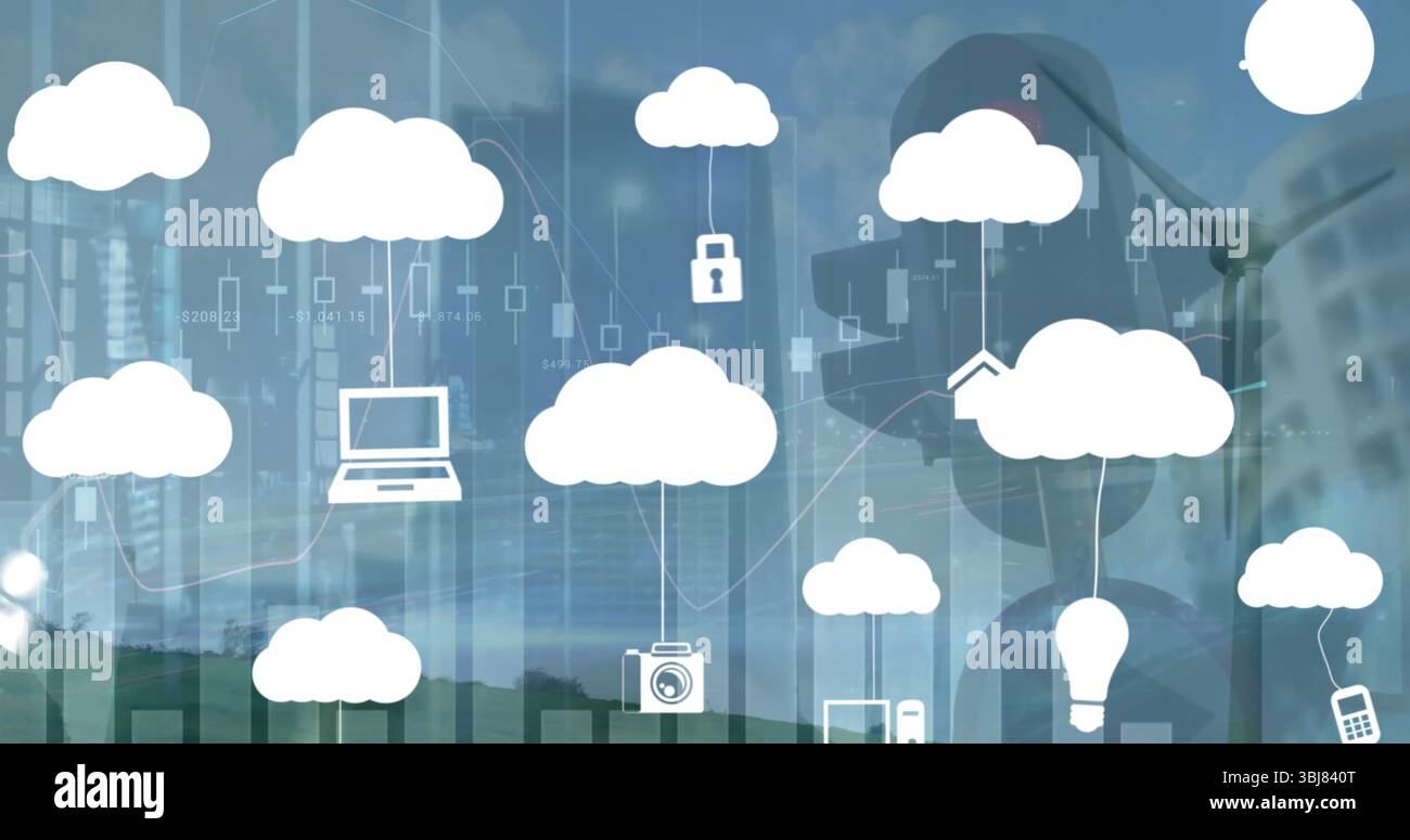 Mostra l'icona del lucchetto di collegamento del cluster cloud sul campo verde accanto all'edificio dell'ufficio, con grafici Foto Stock