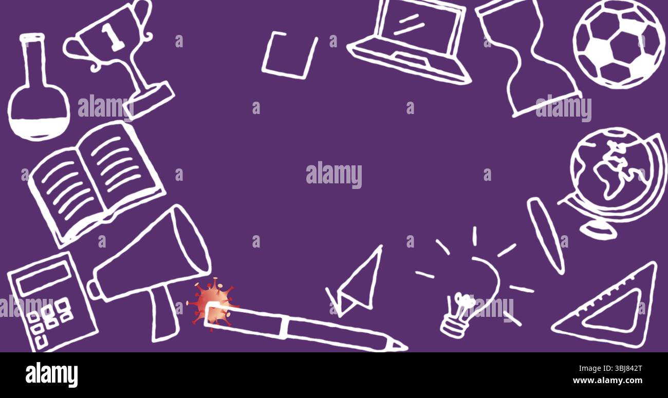 Penna luminosa con punta rossa rivolta verso l'interno su sfondo viola con icone a forma di globo dei trofei delle provette Foto Stock