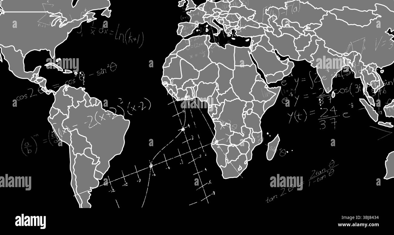 Visualizzazione della mappa del mondo grigio proiettata sul display della lavagna, con equazioni di gesso e assi del grafico Foto Stock