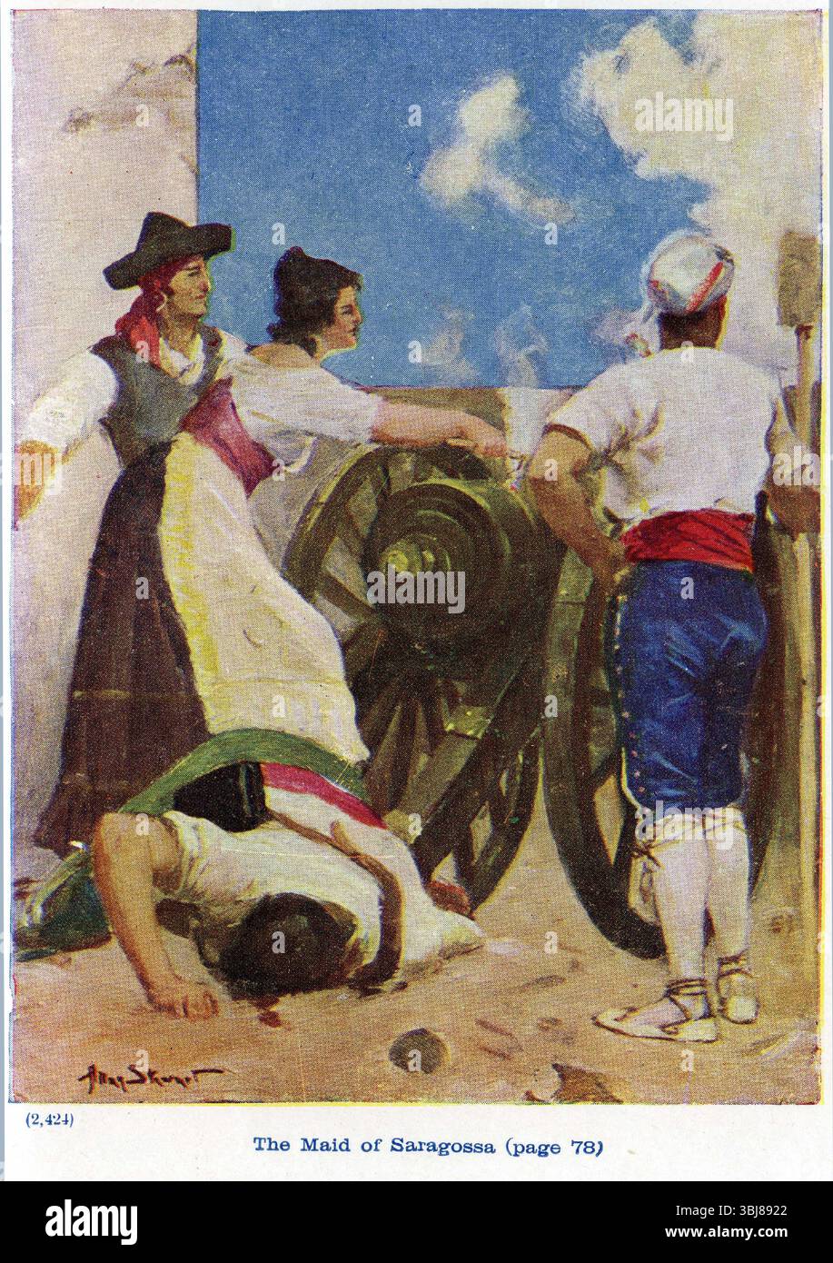 Maria Augustin, la cameriera di Sarogosa, incoraggiando i concittadini a recuperare la batteria di cannoni e a riprendere a sparare sugli assedianti francesi sotto il comando del generale Lefebre durante l'assedio di Saragosa, nel 1808, nella guerra peninsulare Foto Stock