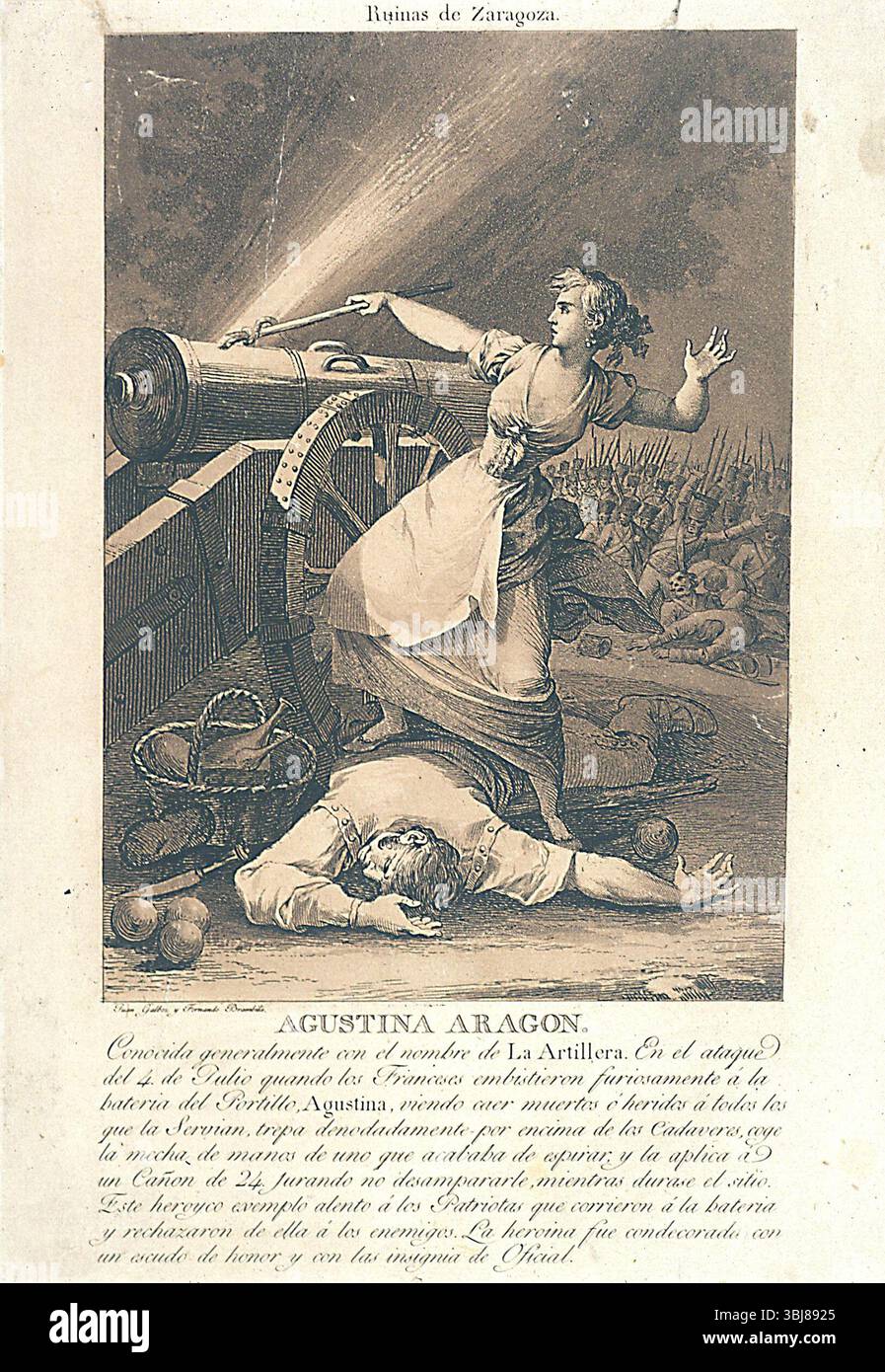 Un'illustrazione del 1813 che mostra Agustina Raimunda María Saragossa i Domènech (1786 - 1857), alias Agustina di Aragón, una donna spagnola che difese la Spagna durante la guerra d'indipendenza spagnola contro i francesi, prima come civile e poi come ufficiale professionista nell'esercito spagnolo. Foto Stock