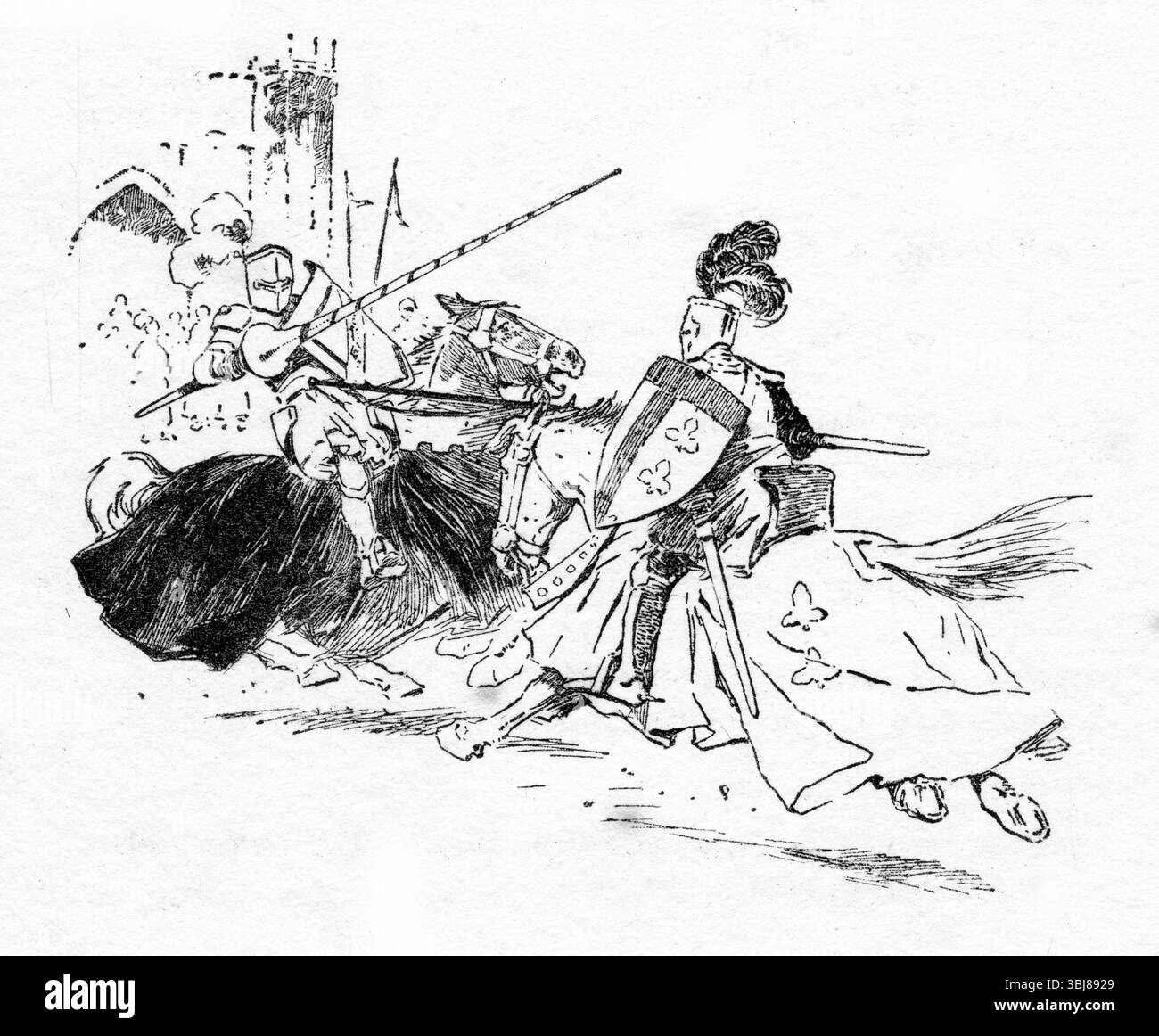 Illustrazione di due cavalieri che giocheggiano con l'armatura completa Foto Stock