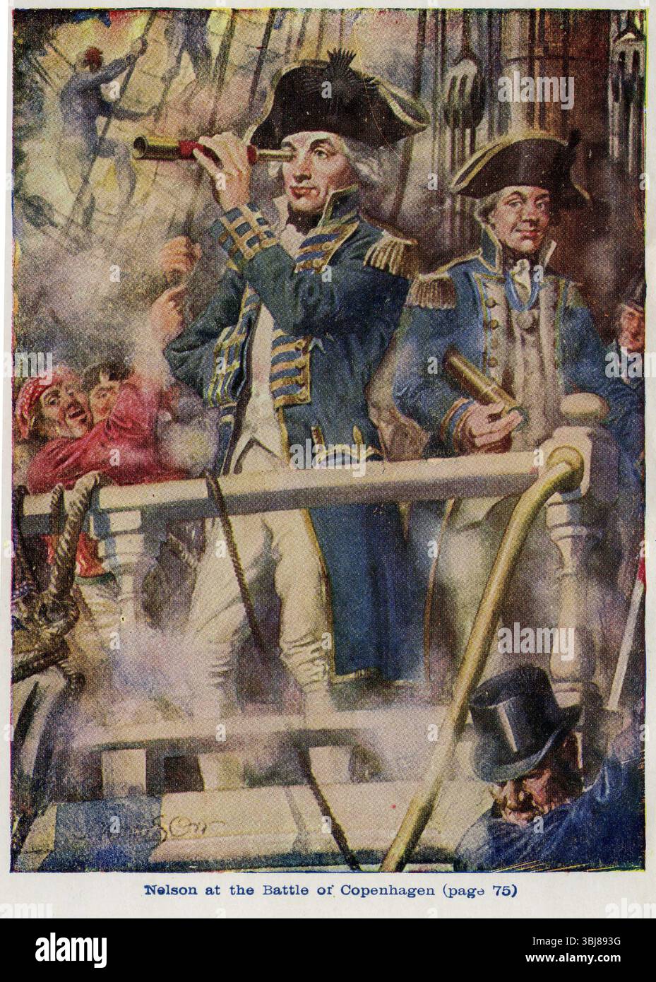 Lord Nelson alla Battaglia di Copenaghen, tenendo un telescopio all'occhio quando gli fu detto di ritirarsi dalle forze Dano-norvegesi. Sir Hyde Parker fu richiamato in disgrazia e Nelson fu nominato Comandante in Capo della flotta dopo la battaglia. Foto Stock