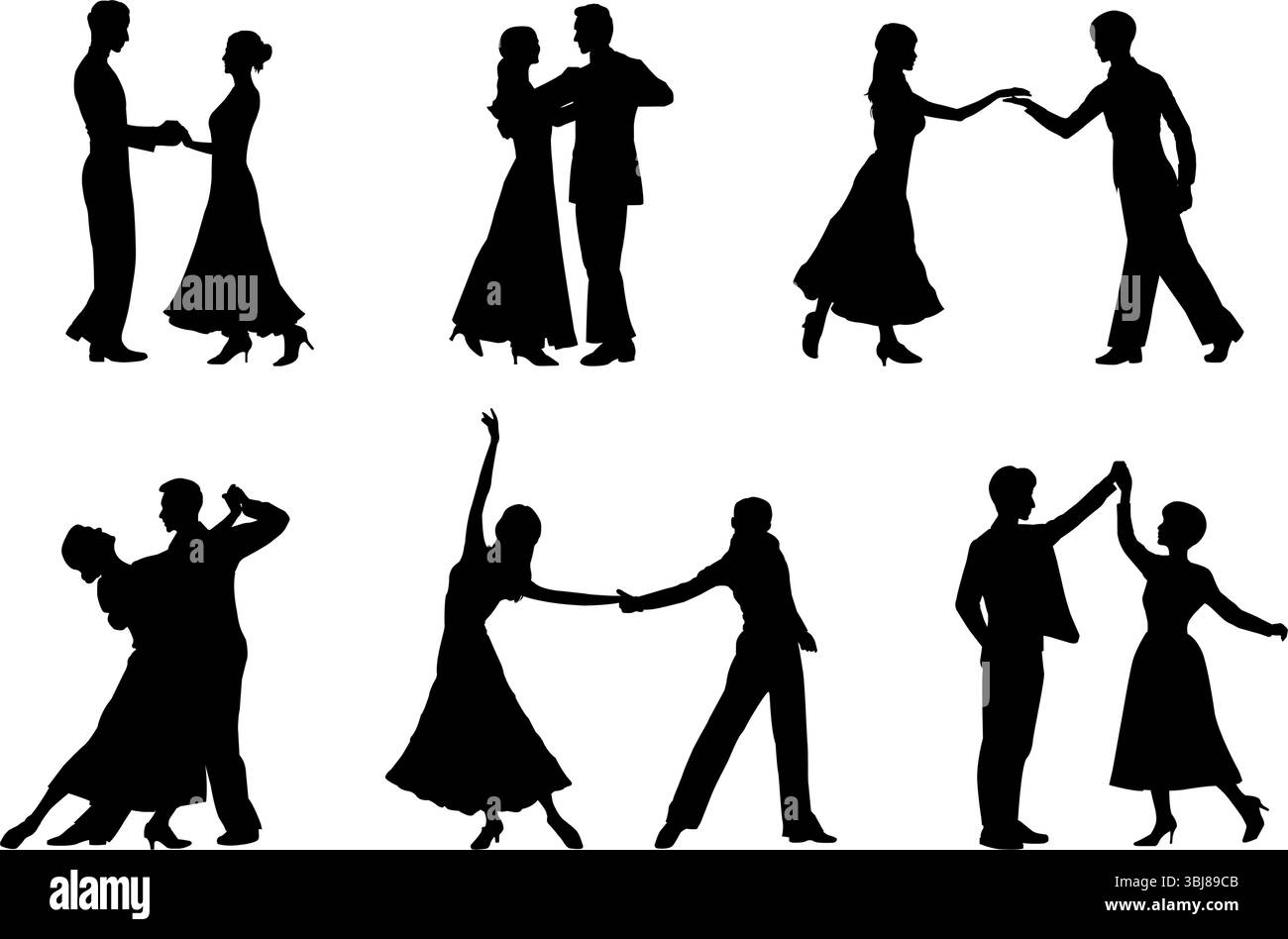 Set di illustrazioni silhouette di uomini e donne che ballano sala da ballo Illustrazione Vettoriale