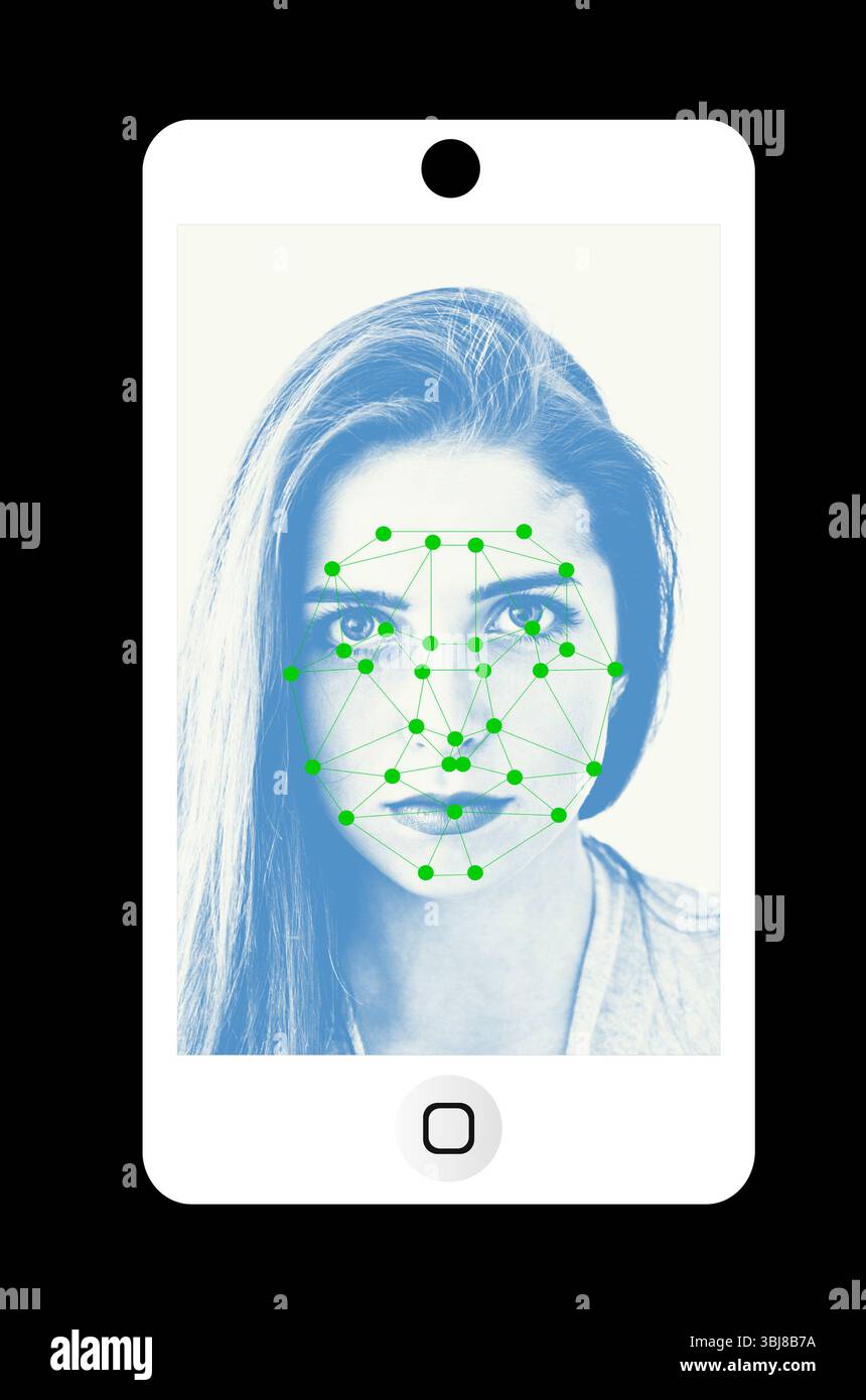 smartphone con applicazione software di riconoscimento facciale sullo schermo Foto Stock