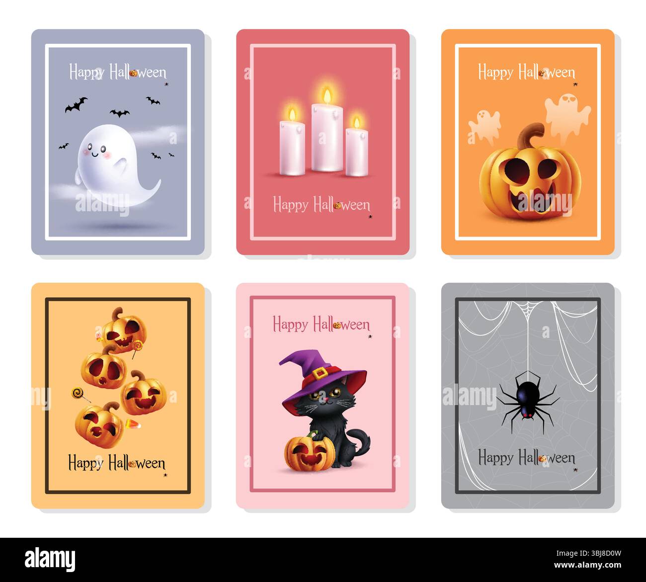 Set di appunti per biglietti di auguri di Halloween. Collezione di clip art con biglietti d'auguri di Halloween con elementi di personaggi spaventosi come fantasmi, candele, zucche Illustrazione Vettoriale