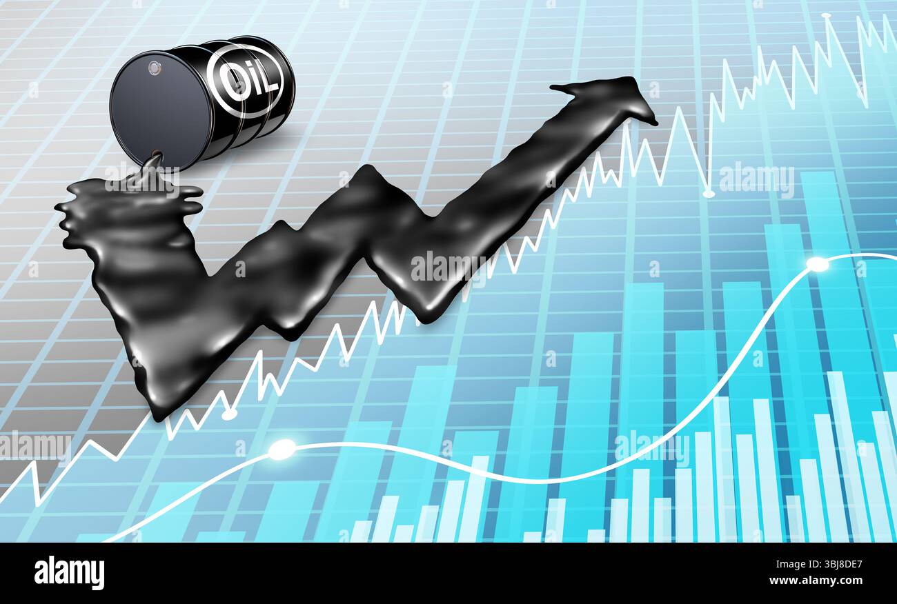 Aumento del prezzo del petrolio e aumento del prezzo del petrolio concetto di tamburo di gasolene che fuoriesce combustibile fossile con il liquido nero a forma di ma stock al rialzo Foto Stock
