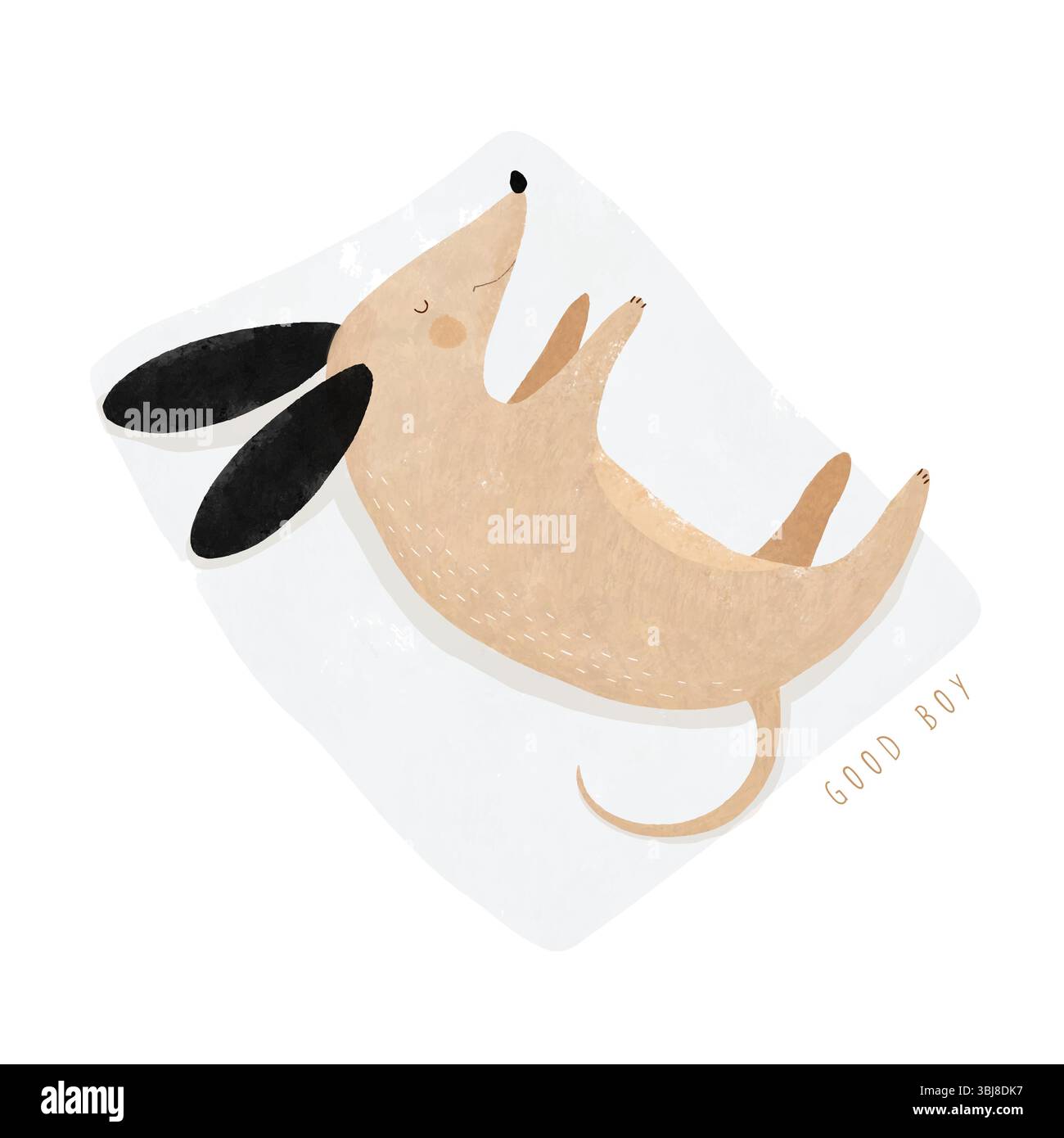 Illustrazione vettoriale di Happy Dog che dorme su una coperta grigia. Divertente Doggy che fa Un pisolino. Arte vivaistica disegnata a mano con Sweet Puppy su sfondo bianco. Illustrazione Vettoriale