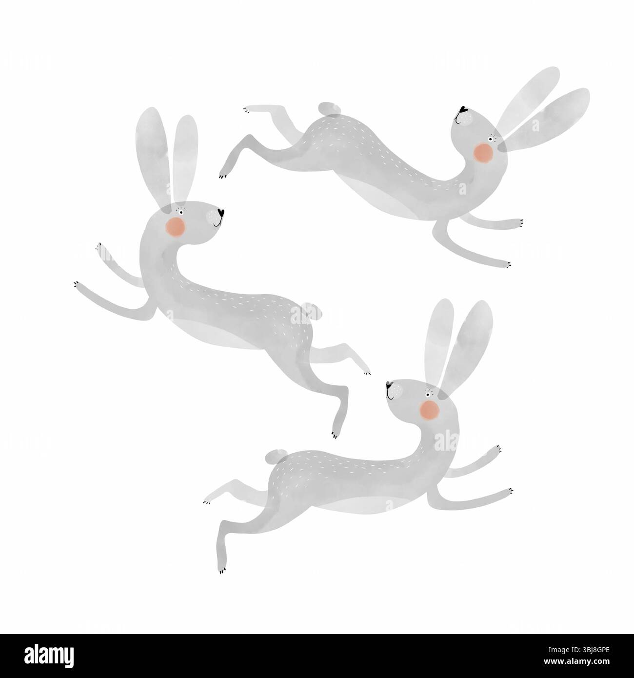 Tre simpatici conigli grigi che saltano felicemente l'uno intorno all'altro. Simpatici coniglietti grigi su sfondo bianco. Easter Vector Card con felice conigli disegnati a mano. Illustrazione Vettoriale