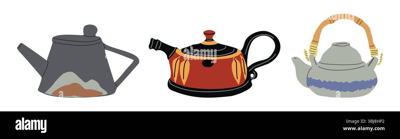 Teiere in ceramica fatte a mano in stile giapponese asiatico Illustrazione Vettoriale