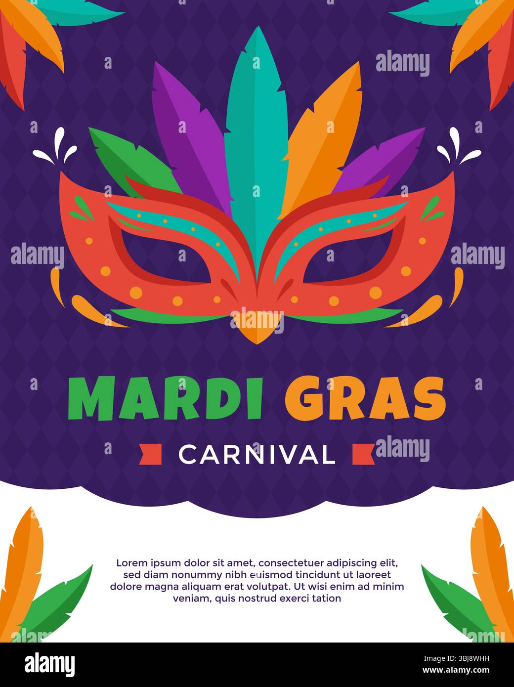 Modello per il carnevale del Mardi Gras con maschera colorata e piume Illustrazione Vettoriale