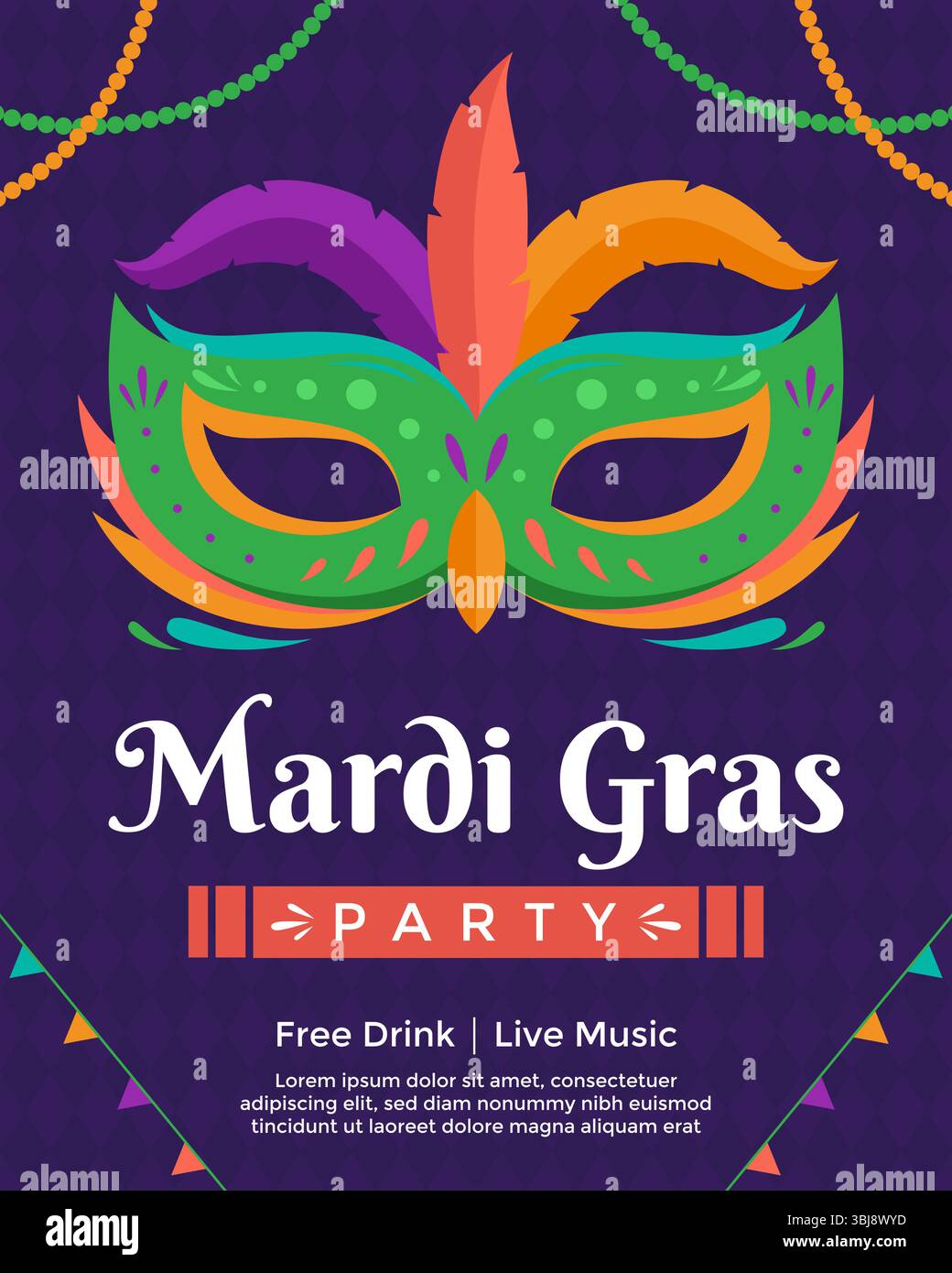 Colorato modello per poster del Mardi Gras con piume e maschera Illustrazione Vettoriale