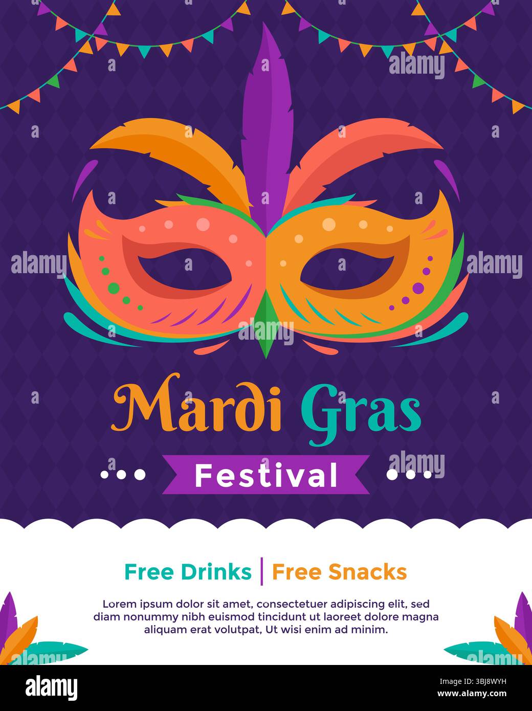 Colorato modello per poster del Mardi Gras con piume e maschera Illustrazione Vettoriale