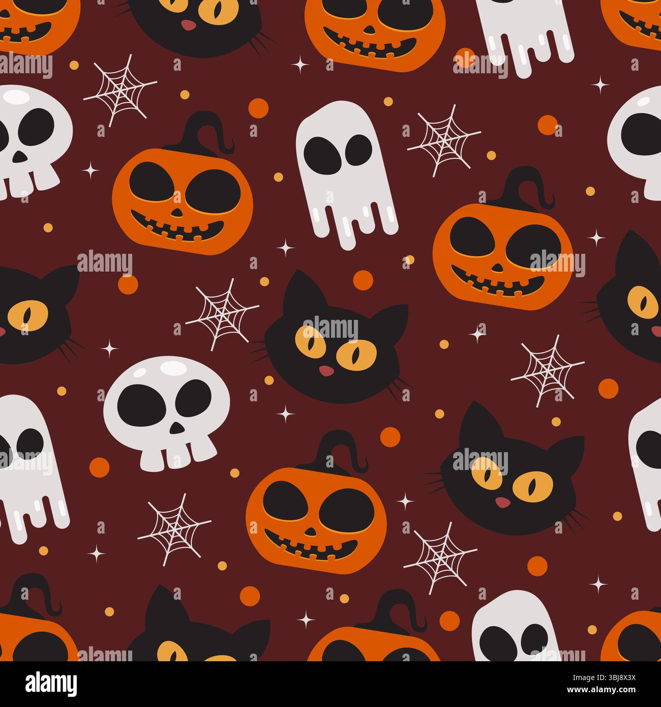 Motivo Halloween senza cuciture con fantasma, zucca, cranio e gatto perfetto per avvolgere la carta. Graziosa illustrazione di Halloween Illustrazione Vettoriale