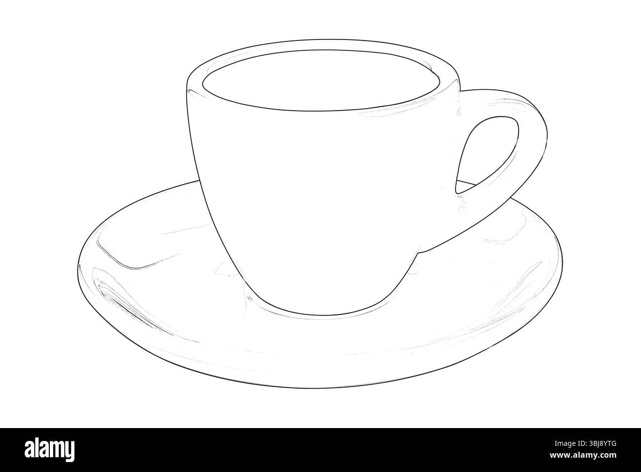 Schizzo grafico di tazza e piattino su sfondo bianco Foto Stock