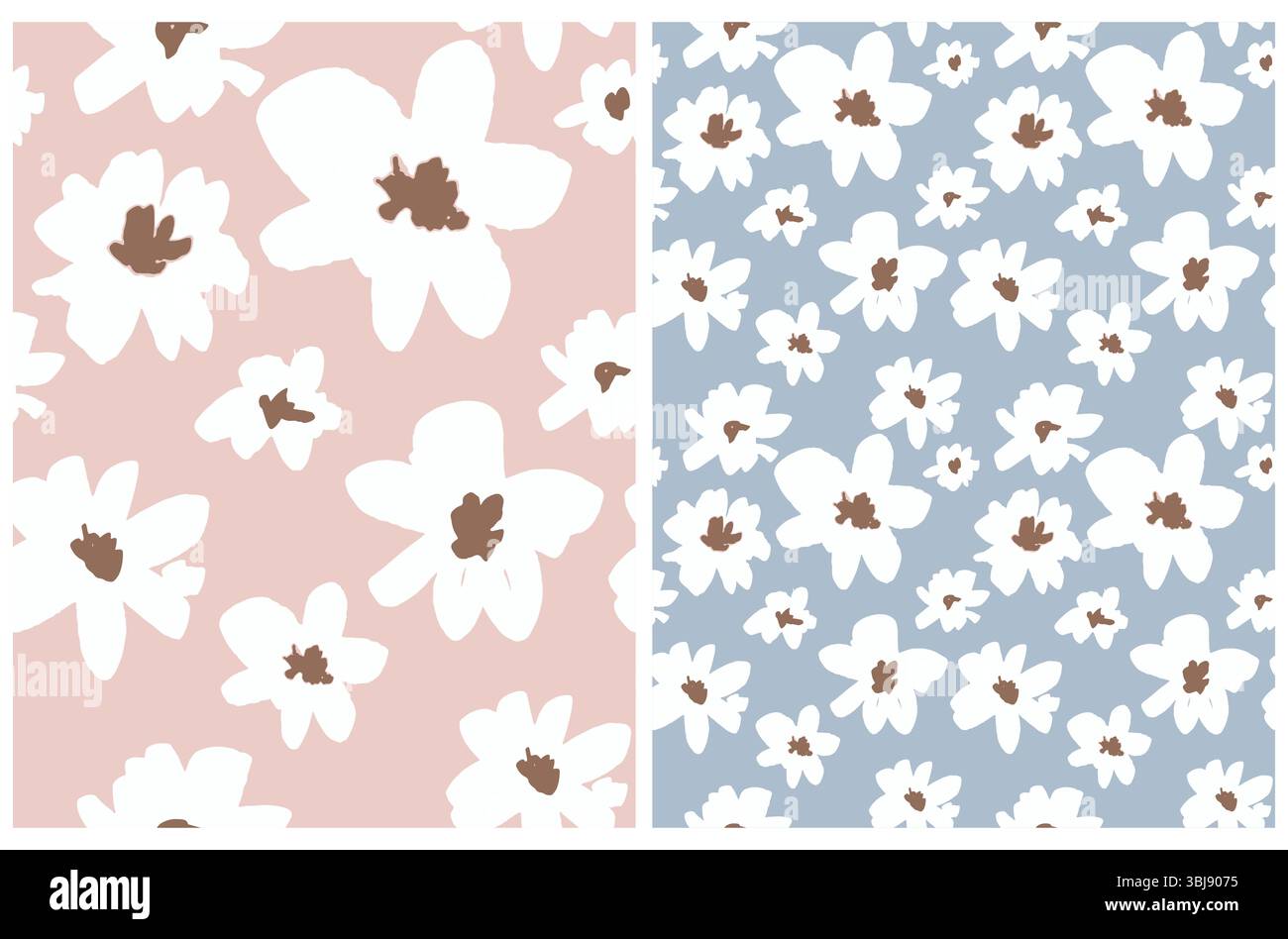 Stampa floreale astratta. Motivo senza cuciture con fiori disegnati a mano. Carta da parati floreale. Fiori bianchi isolati su sfondo rosa pastello e blu chiaro. Illustrazione Vettoriale