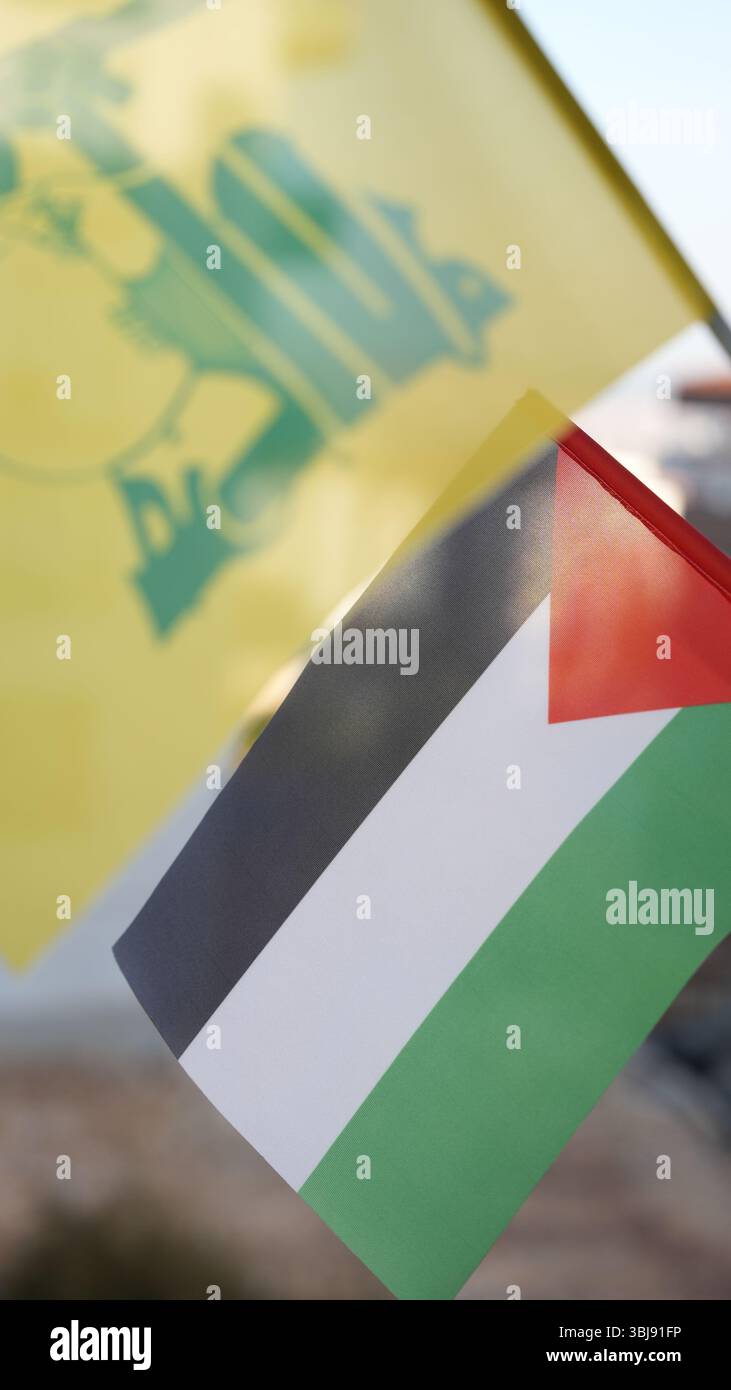 Bandiera della Palestina e di Hezbollah. Il conflitto tra Israele e Iran. Foto Stock