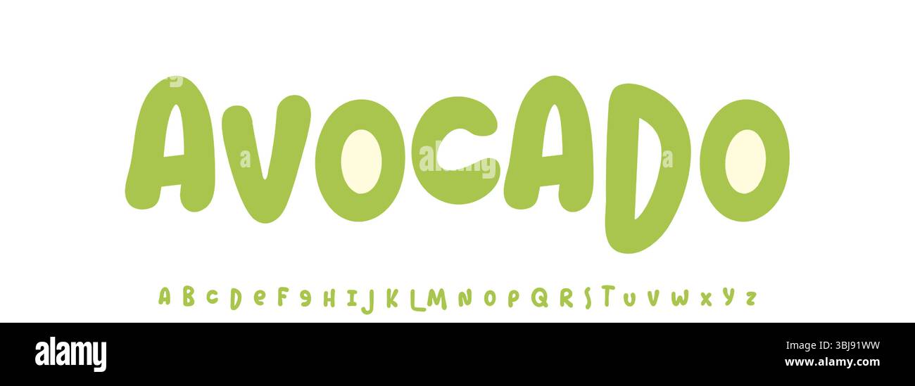Vocado estivo, scritta gioiosa, tipografia arrotondata dei cartoni animati. Font infantile per un cordiale titolo con il logo di ricettario, dolci e gelati Illustrazione Vettoriale