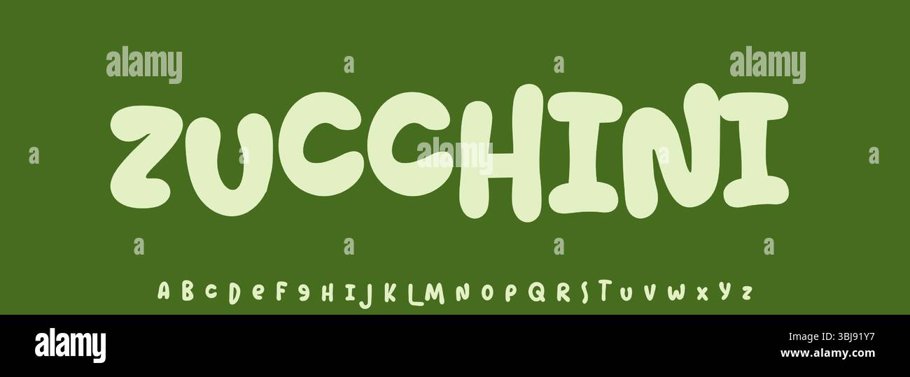Zucchine estive verdure, scritte gioiose, tipografia arrotondata dei cartoni animati. Font infantile per un logo accogliente con il ricettario e i dolci Illustrazione Vettoriale
