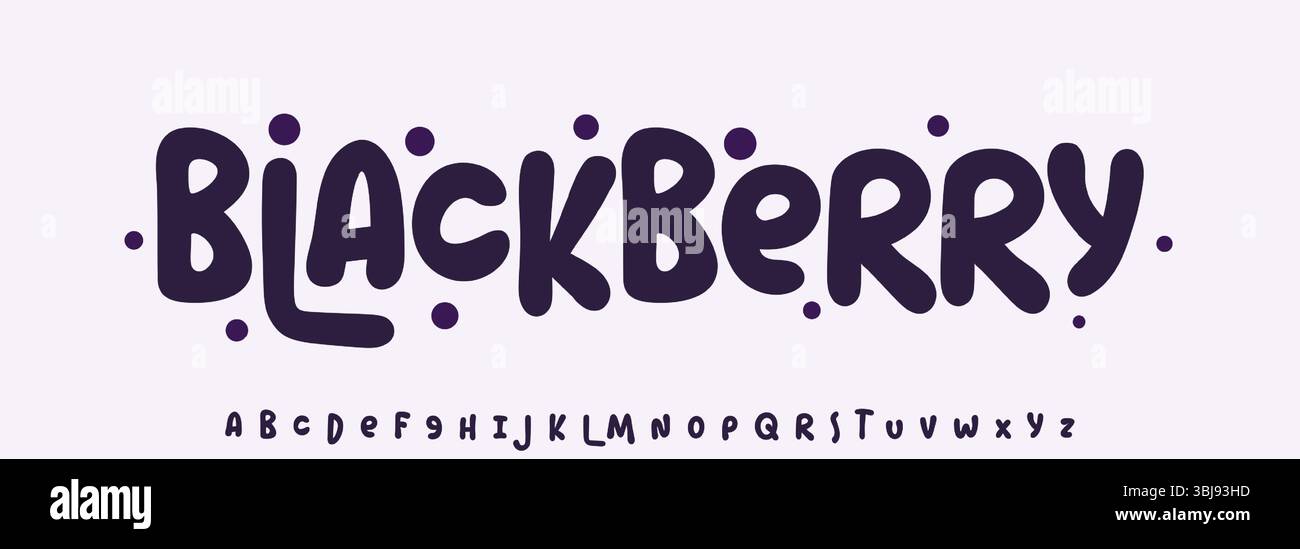 mora estiva, lettere gioiose, tipografia arrotondata dei cartoni animati. Font infantile per un cordiale titolo con il logo di ricettario, dolci e gelati Illustrazione Vettoriale