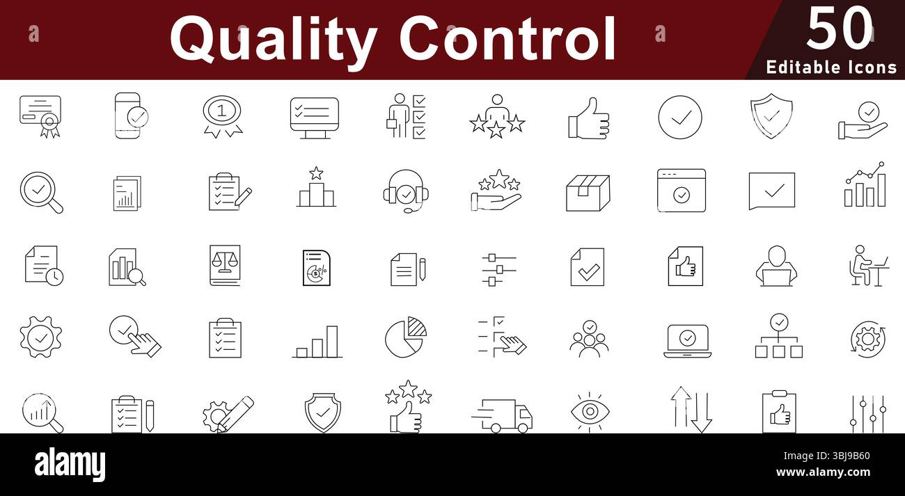 Icone del controllo qualità e della linea di assicurazione: Standard, verifica e soddisfazione. Icone vettoriali modificabili Illustrazione Vettoriale