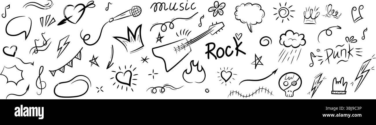 Set di doodle disegnato a mano con elementi a tema rock e punk, tra cui chitarra, microfono, cuori, note musicali, fulmini, e icone espressive in Illustrazione Vettoriale