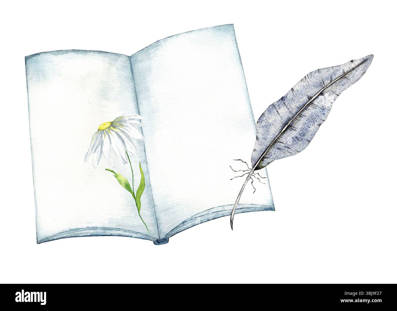 Libro acquerello con piume e illustrazione floreale per un design creativo. Concetto educativo. Composizione acquerello per striscioni, poster e cartoline Foto Stock