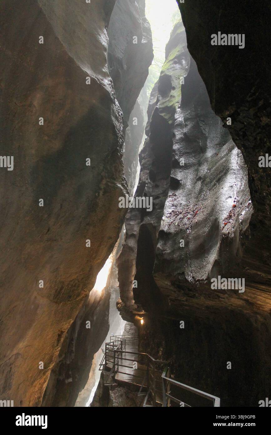 Uno stretto sentiero con torreggianti pareti di roccia attraverso la spettacolare Gola dell'Aare in Svizzera, una popolare attrazione turistica nelle Alpi svizzere Foto Stock