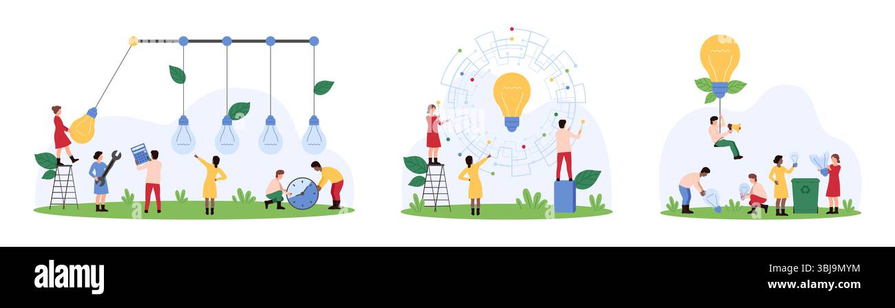 Impatto dell'idea creativa, evoluzione dell'innovazione, gestione dei progetti digitali. Le persone più piccole condividono e trasferiscono la luce della lampadina con la base di Newtons, volando sulla lampada illustrazione vettoriale dei cartoni animati Illustrazione Vettoriale