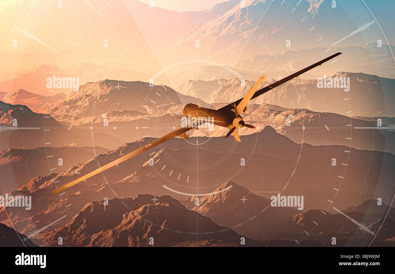 Vista satellitare della terra, operazioni di guerra, fantascienza. Obiettivo militare. Drone che sorvola un'area. Operazione militare. Funzionamento sotto copertura. Rilievi di montagna Foto Stock