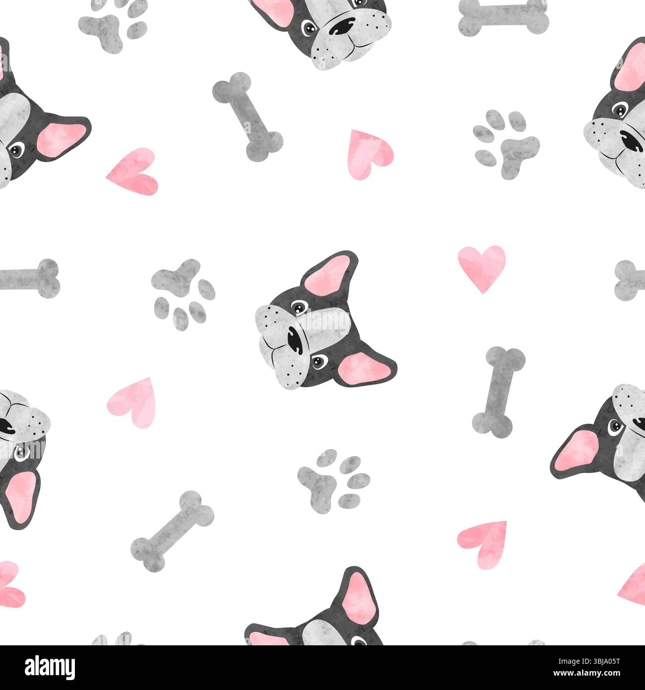 Cucciolo di bulldog francese e zampe con motivo acquerello senza cuciture. Illustrazione di un cane carino vettoriale Illustrazione Vettoriale