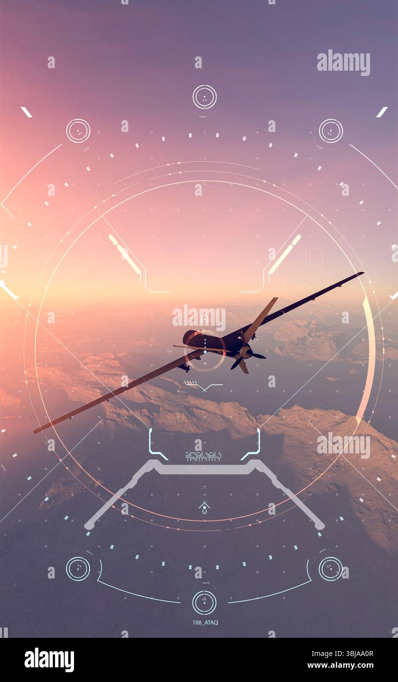 Vista satellitare della terra, operazioni di guerra, fantascienza. Obiettivo militare. Drone che sorvola un'area. Operazione militare. Funzionamento sotto copertura. Rilievi di montagna Foto Stock