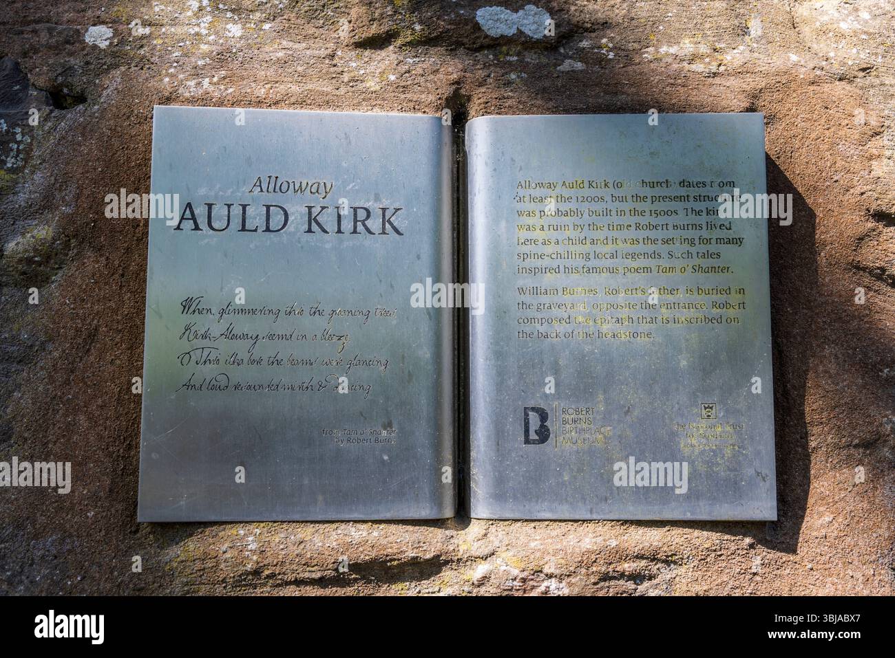La targa Auld Kirk (vecchia chiesa) ad Alloway, Ayrshire, Scozia Foto Stock