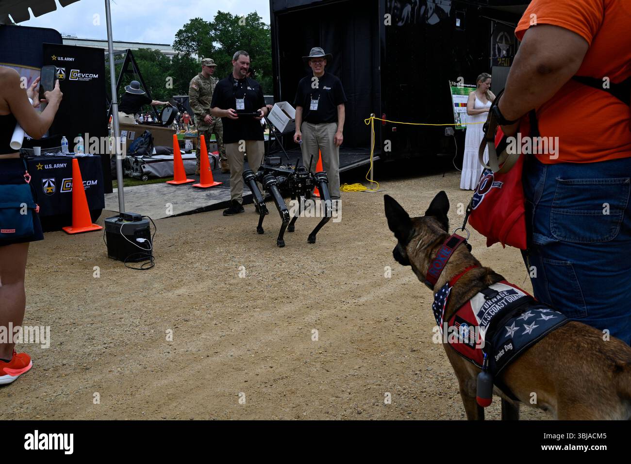 Roxie, un cane di servizio, reagisce a un cyber-cane DEVCOM durante le attività flag day al National Mall di Washington, DC, sabato 14 giugno 2025. (Foto di Mattie Neretin/Sipa USA) credito: SIPA USA/Alamy Live News Foto Stock