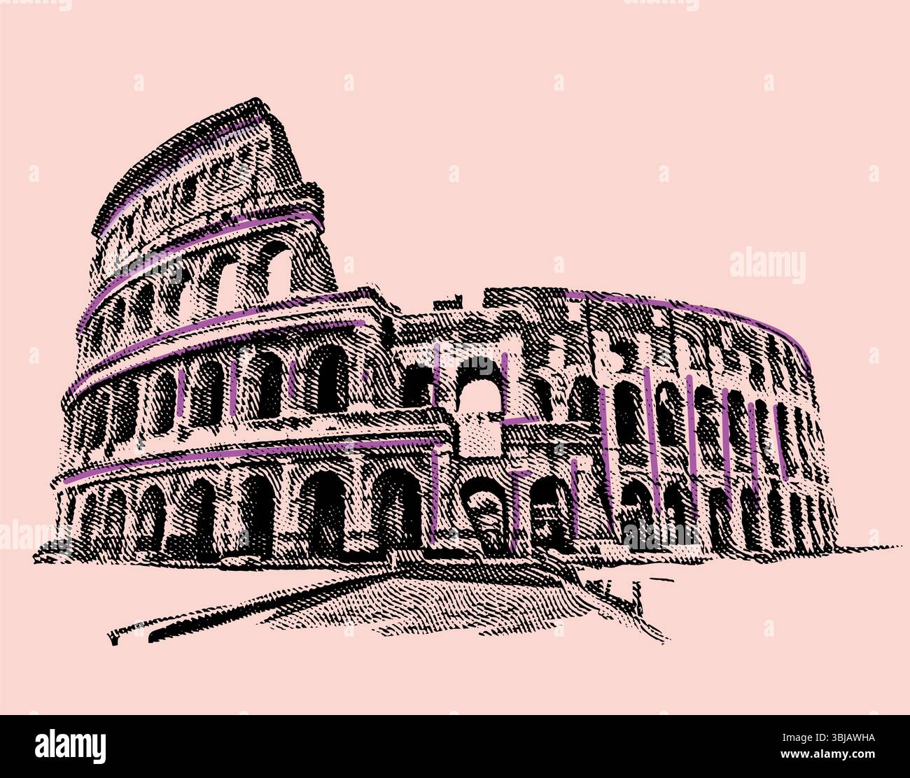 Vista iconica dell'antico Colosseo di Roma, che mostra la sua maestosa architettura e il fascino storico senza tempo. Illustrazione Vettoriale