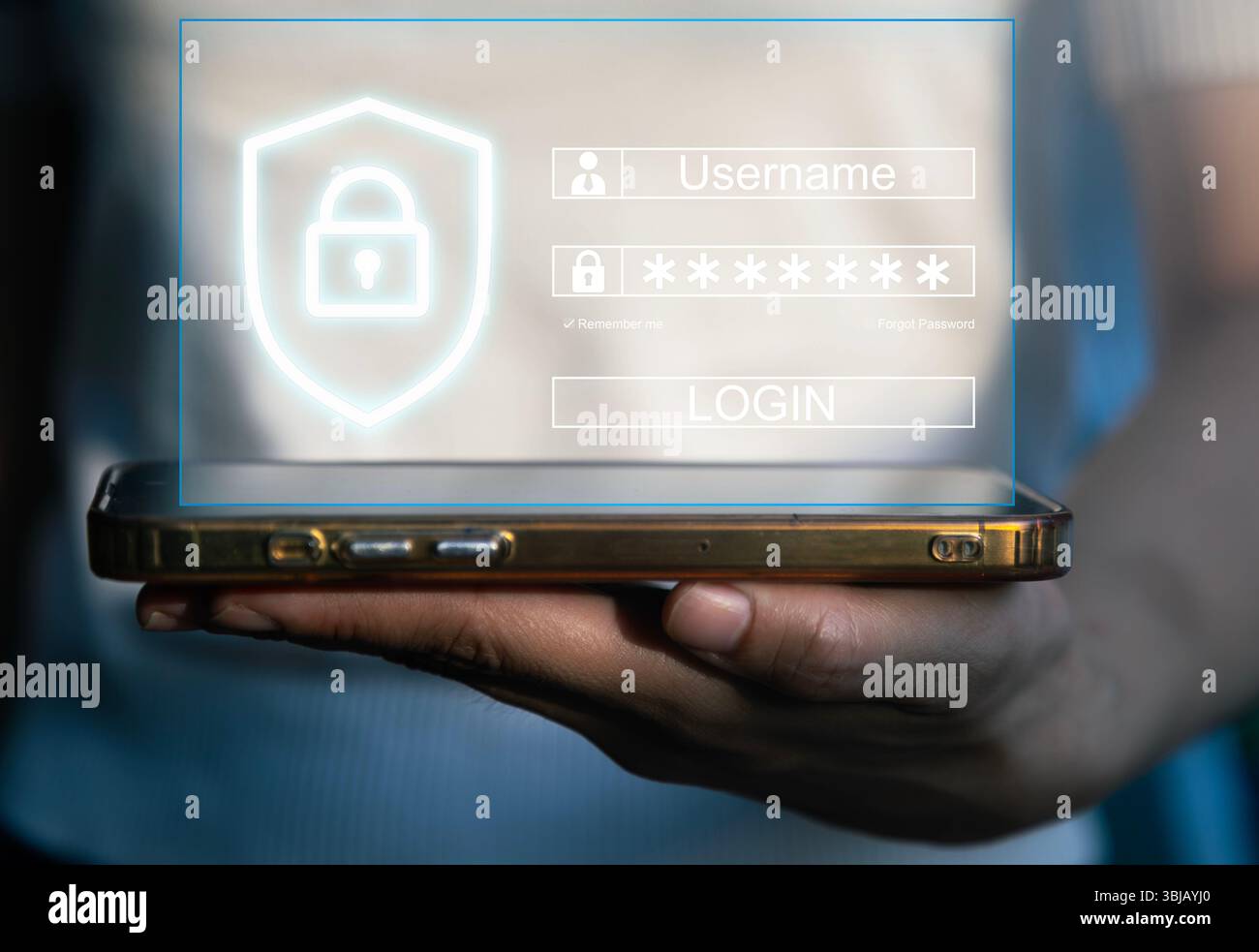 Icona dello scudo di sicurezza virtuale durante l'accesso sul telefono. Convalida di password, verifica dell'identità e sicurezza informatica con la tecnologia di autenticazione biometrica. B Foto Stock