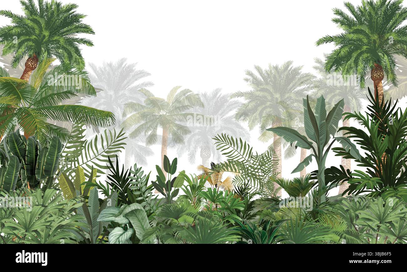 Decorazioni in stile tropicale: Stampa senza cuciture con motivo a forma di palma verde chiaro Foto Stock