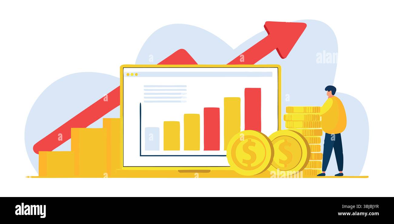 Crescita finanziaria concetto di successo notebook con grafici monete Arrow persona che raggiunge investimenti di mercato Stock profitto business Illustrazione Vettoriale