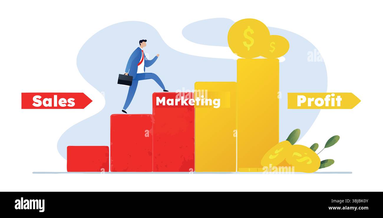 Crescita del business Un percorso uomo dalle vendite e dal marketing per raggiungere il profitto il concetto di strategia di investimento per il successo finanziario Illustrazione Vettoriale