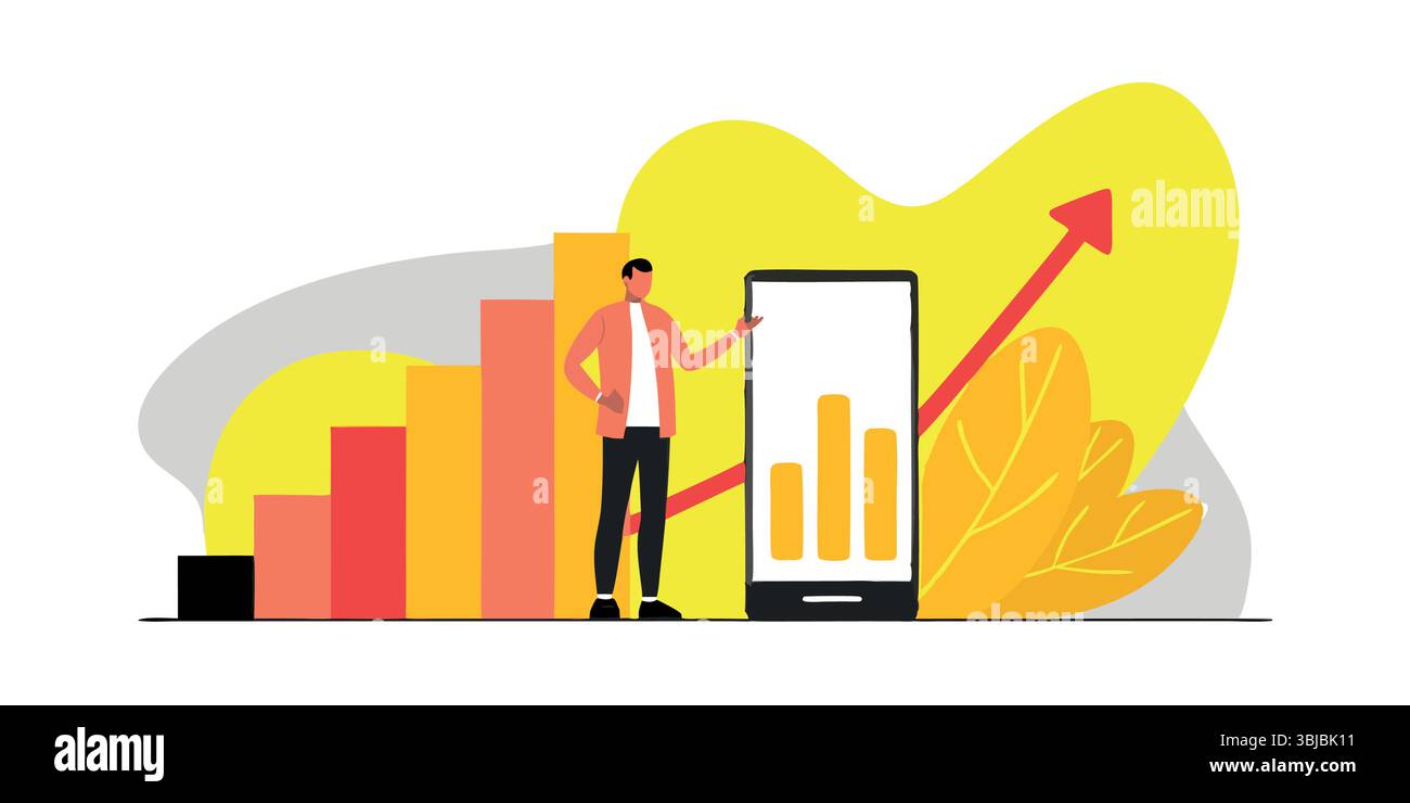 Illustrazione della crescita finanziaria con un uomo che presenta tendenze in crescita e progressi del successo aziendale dati dei grafici mobili Illustrazione Vettoriale