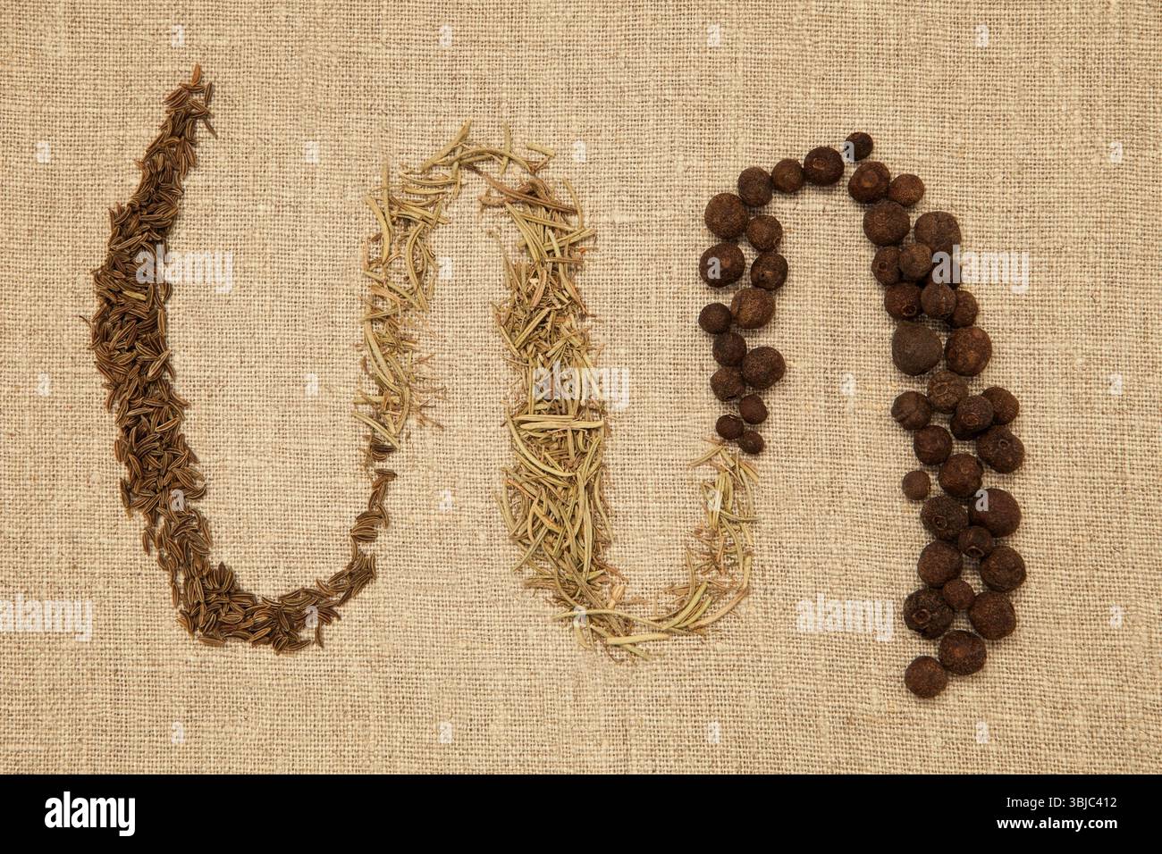 Mix di spezie disposto su sfondo marrone ruvido Foto Stock